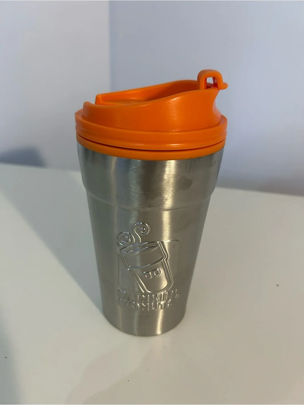 Dunkin Dounts- vintage Stainless Steel Travel Mug with Orange Lid